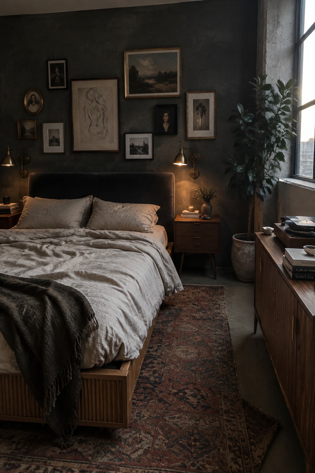 A dark bedroom with a gallery wall of framed artwork above a bed with light bedding.