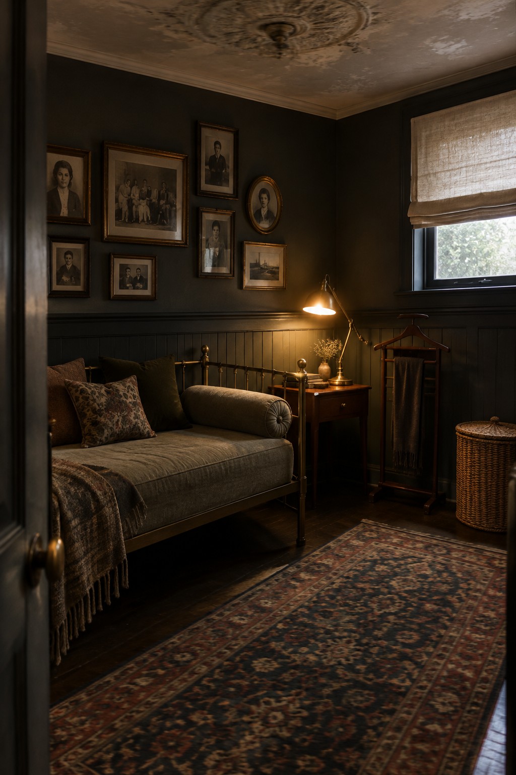 A dark bedroom with a metal daybed, framed family portraits on the wall, and a lit desk lamp beside a window.