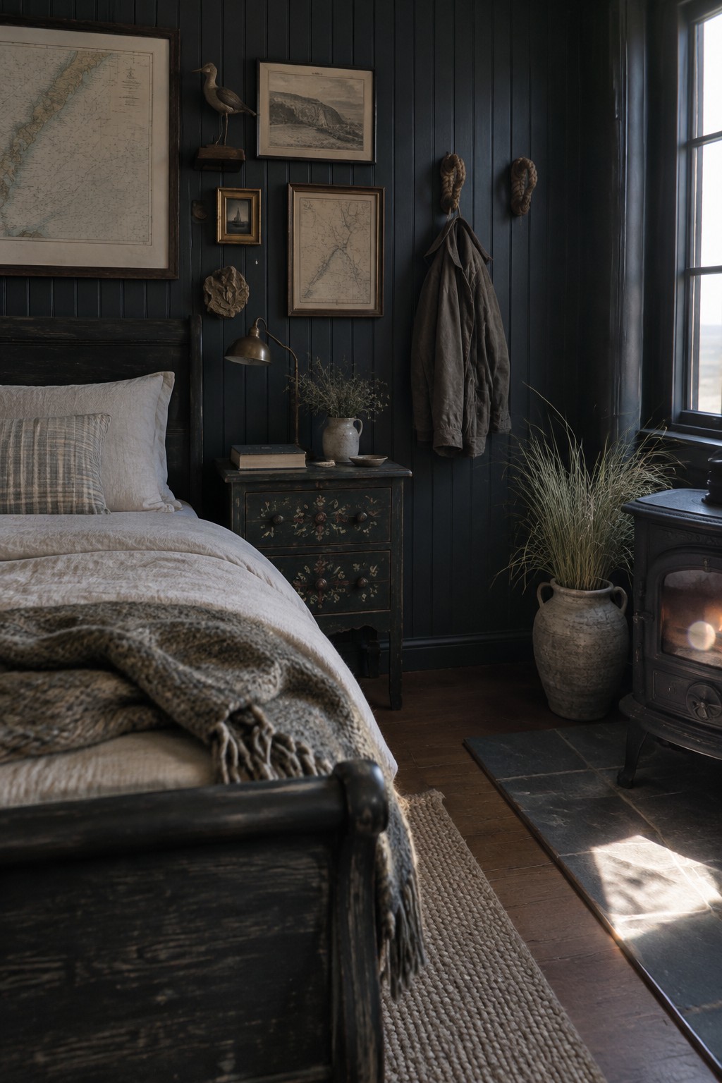 A dark-paneled bedroom with framed vintage maps above a bed and painted bedside table.