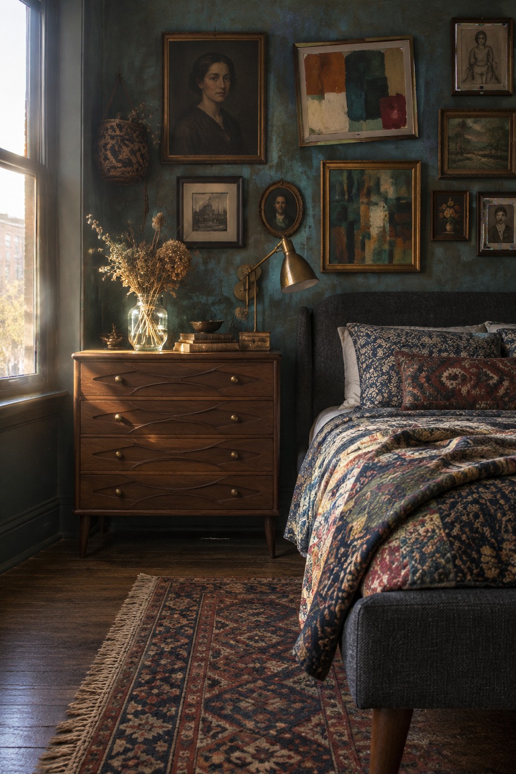 A dark bedroom with framed portraits and paintings on a teal wall above a wooden dresser and beside a bed.