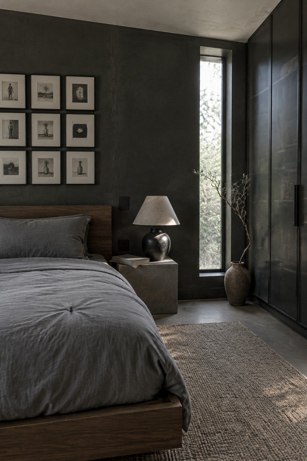 Nine black-framed prints hang in a grid on a dark bedroom wall above a wooden bed.