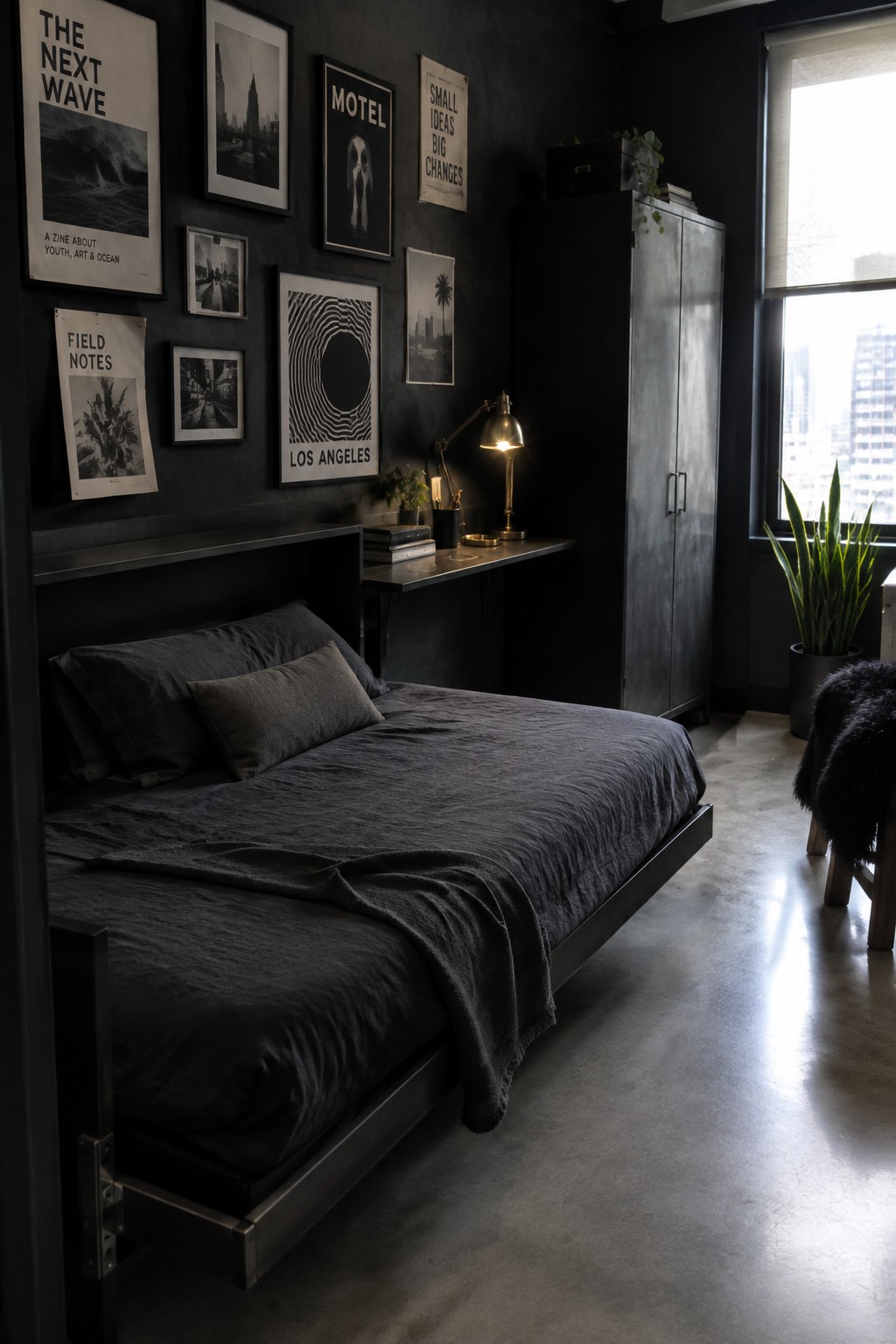 A dark bedroom with a bed beneath a gallery wall of framed travel and city prints.