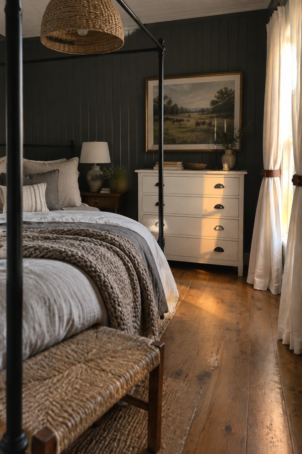 A bedroom with charcoal vertical wall paneling, a white bed, a cream dresser, and sunlight coming through tall curtains.
