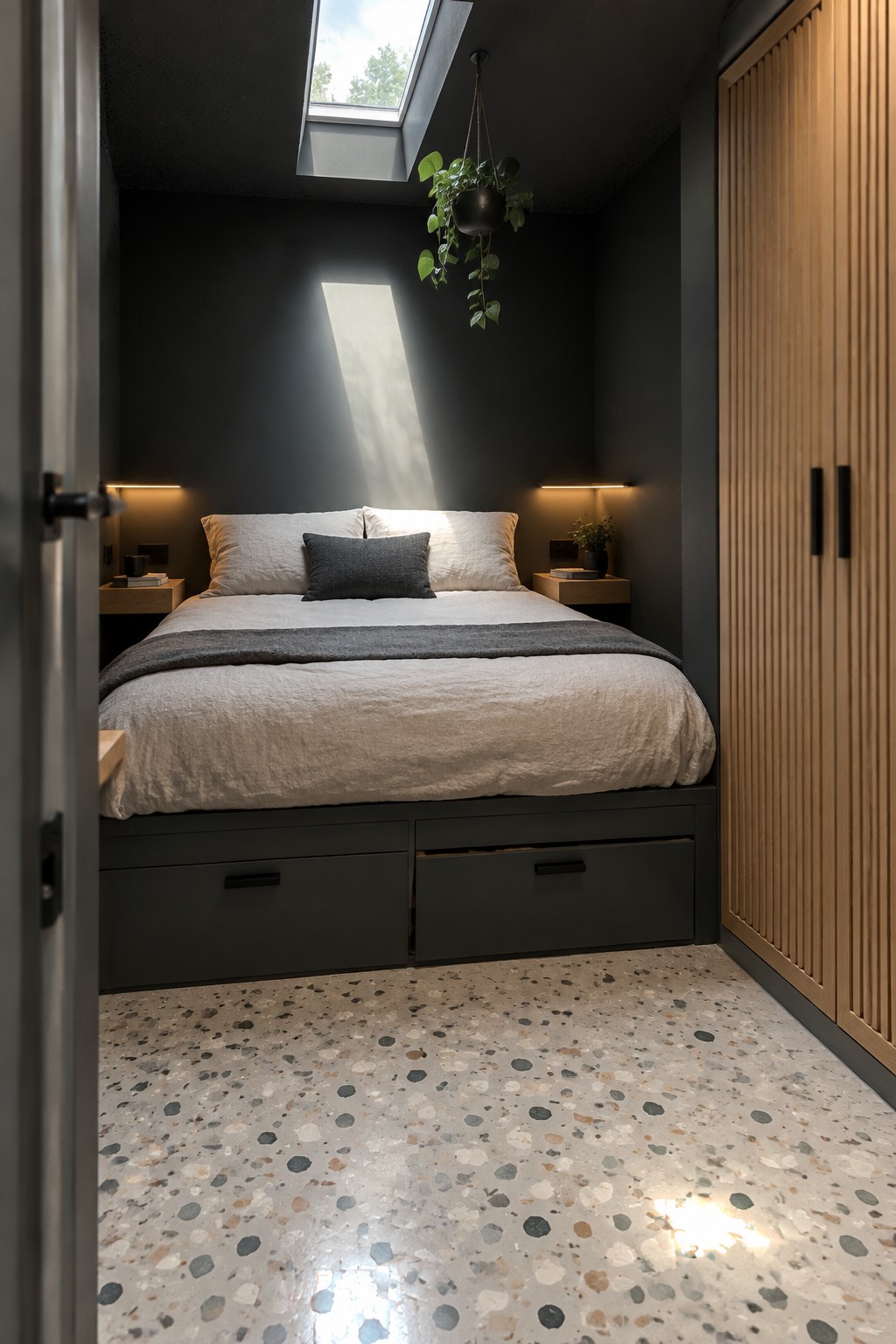 A bed with charcoal walls, drawers beneath the mattress, a skylight, and a tall wood-slat wardrobe.