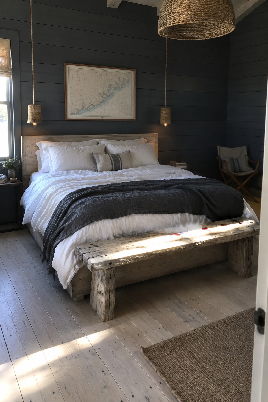 A bedroom with charcoal horizontal wall paneling, a pale wood bed, white bedding, and a dark gray throw.
