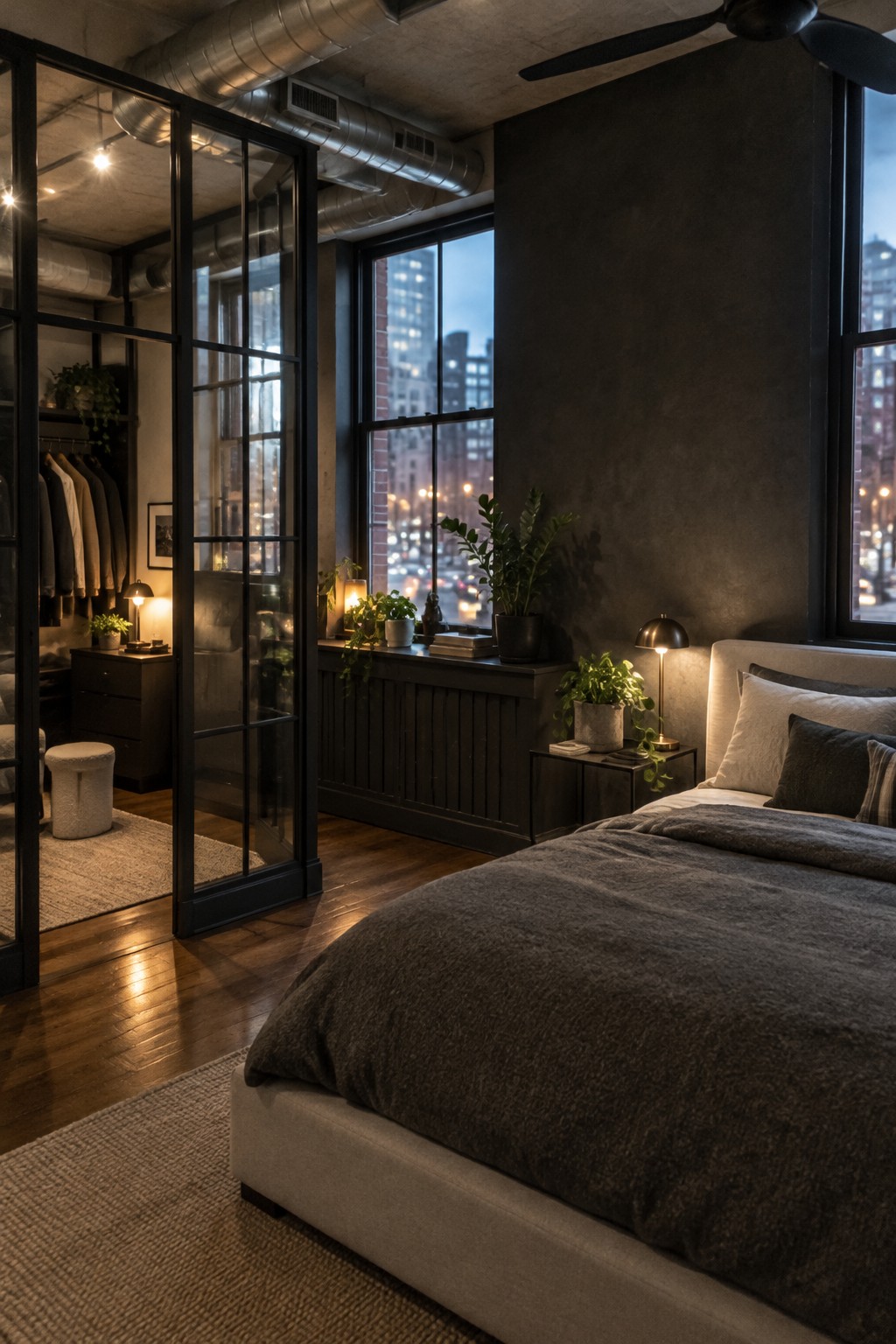 A dark bedroom with a black-framed glass partition enclosing a closet area beside the bed.