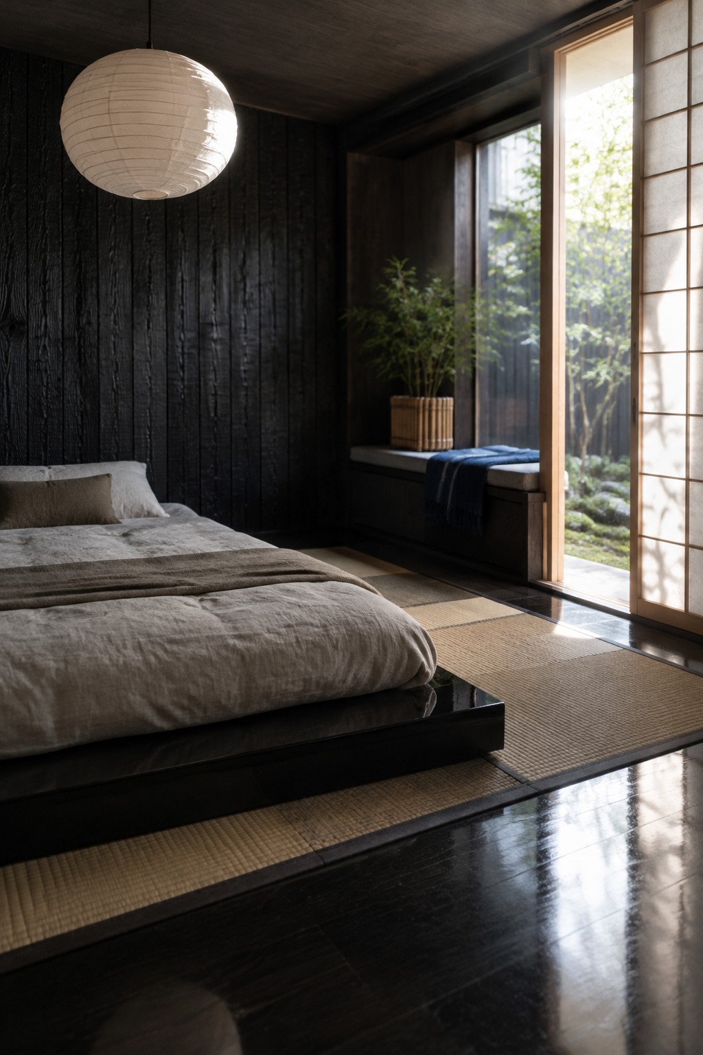 A low bed sits on tatami mats in a dark bedroom with black wood walls and a bright sliding door.