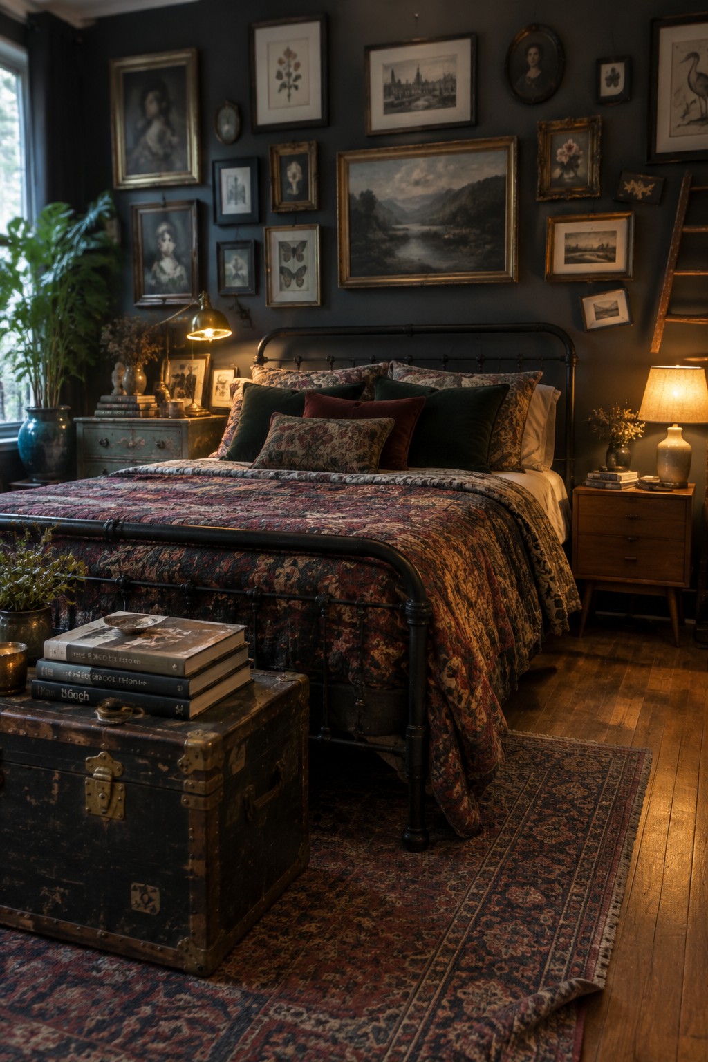 A bedroom with charcoal walls, a black metal bed, patterned bedding, and an assortment of framed artwork.
