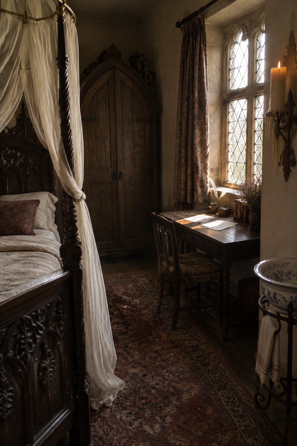 A dark wooden writing desk sits beside a diamond-paned window in a bedroom with an ornate carved bed and wooden wardrobe.