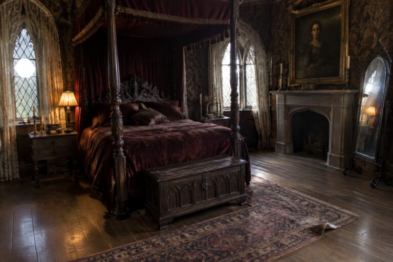 A dark carved four-poster bed with burgundy drapes and bedding stands beside a tall leaded-glass window in a bedroom.