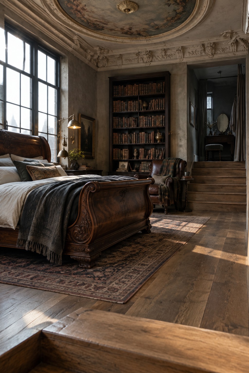 A carved wooden bed with dark bedding sits beside a tall bookcase in a bedroom with decorative ceiling trim.