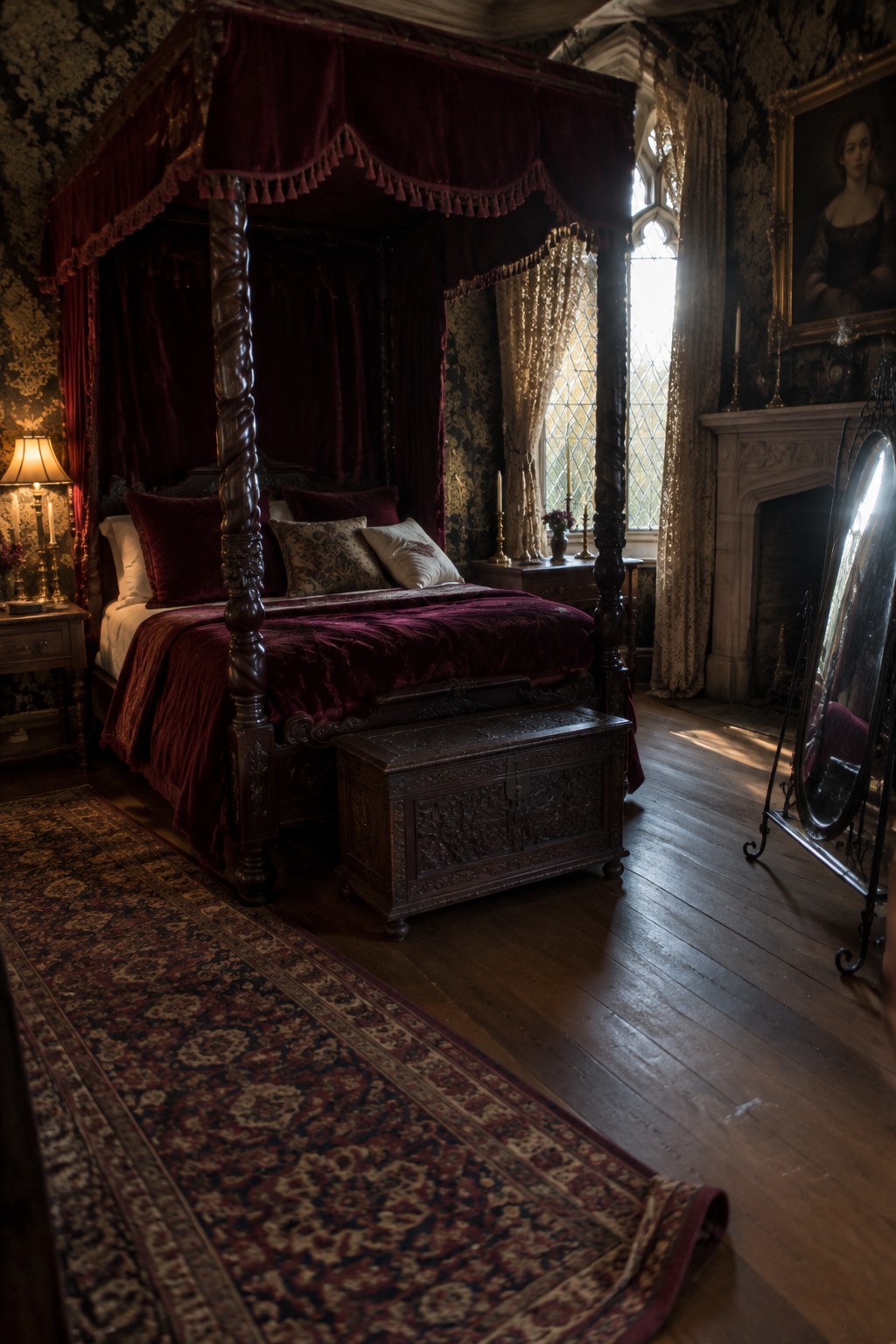 A dark carved four-poster bed with burgundy drapes and bedding stands beside a tall leaded-glass window in a bedroom.