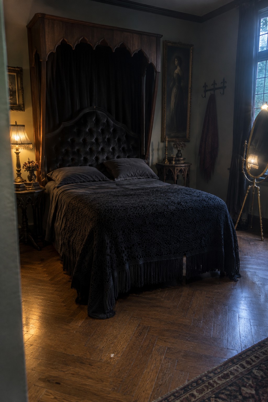 A dark four-poster bed with carved wooden canopy and black curtains stands in a bedroom with a tufted headboard.
