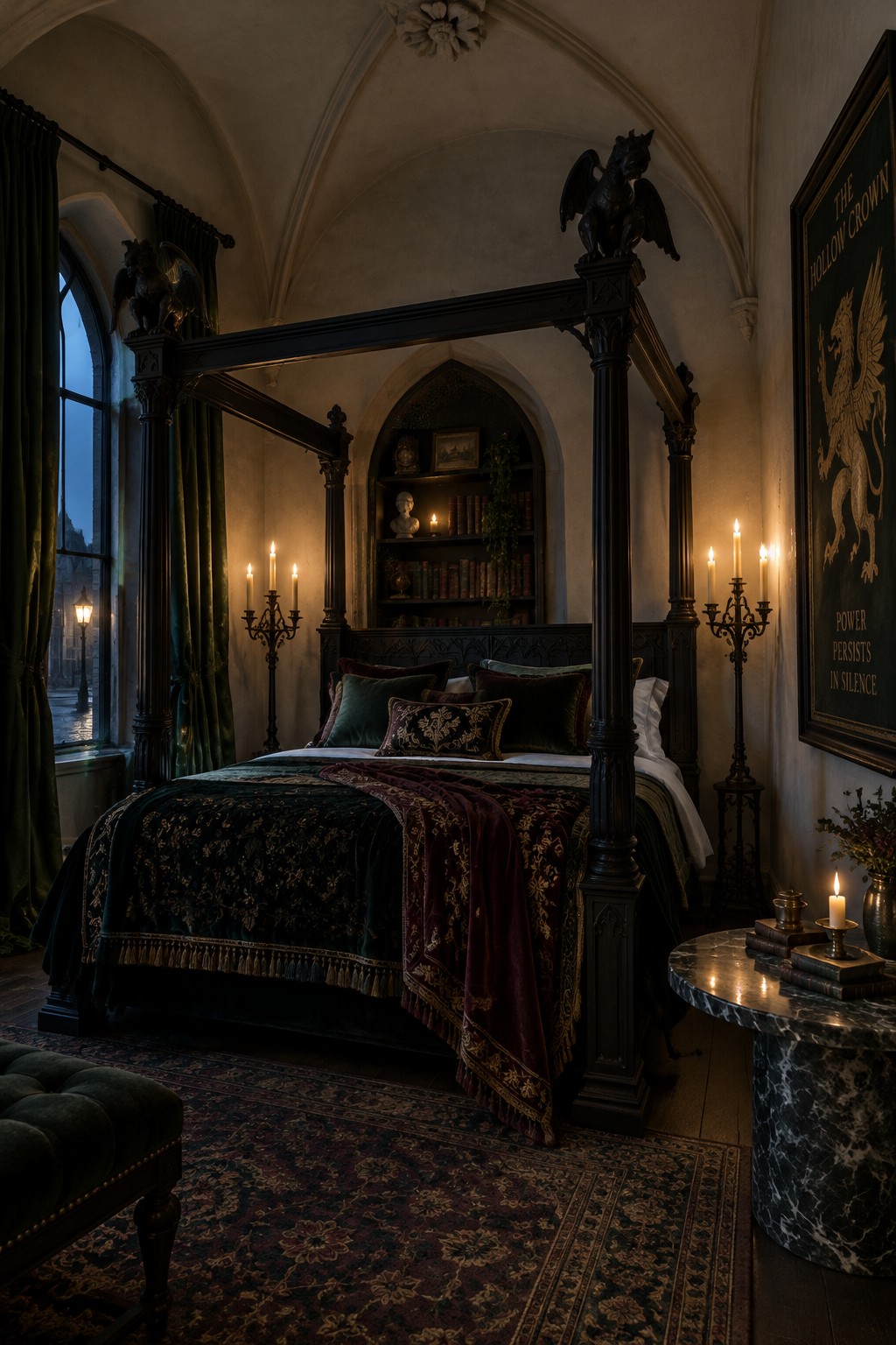 A dark carved four-poster bed with patterned bedding stands in a bedroom with arched walls, candles, and a recessed bookshelf.