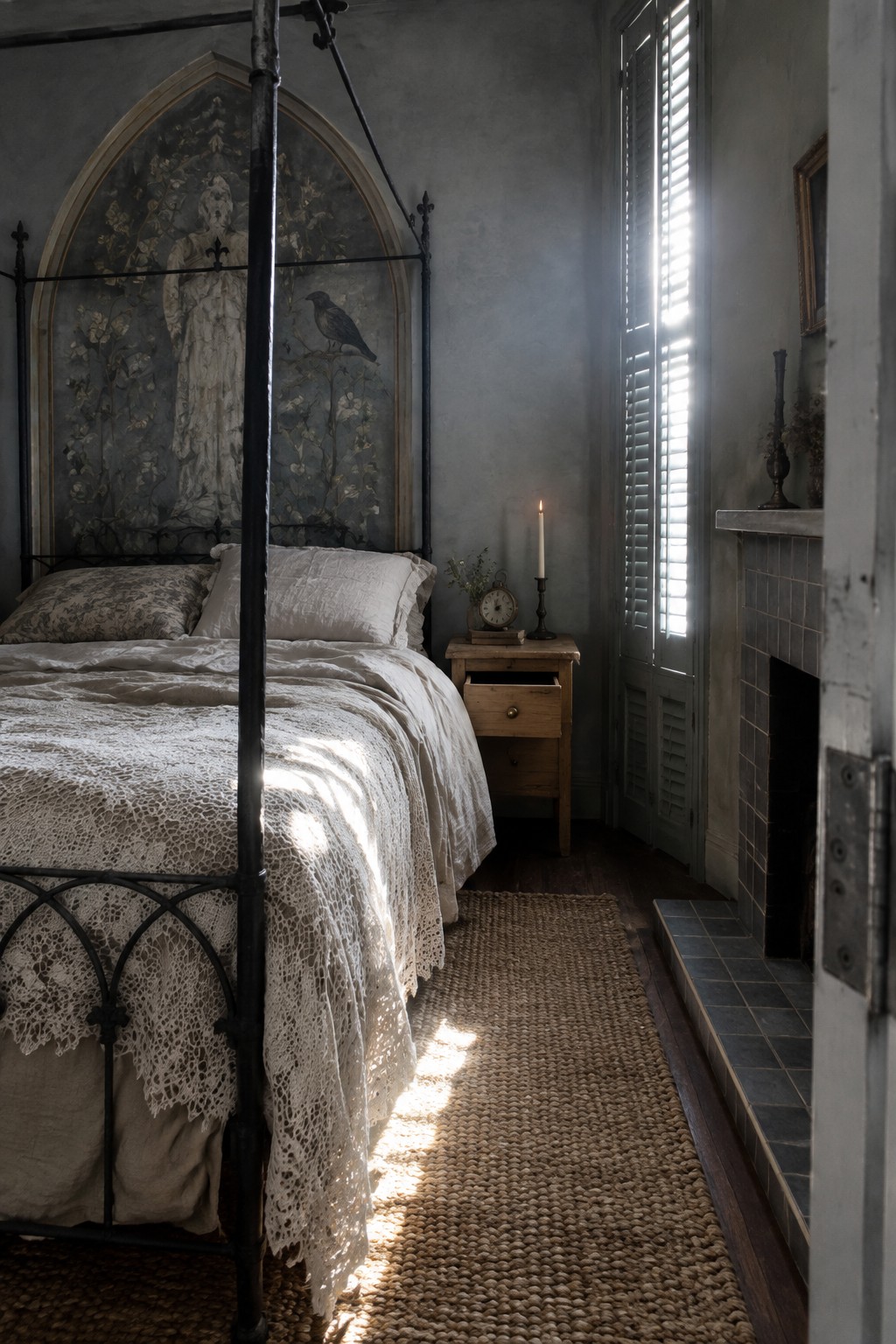 A black iron bed with white lace bedding stands in front of an arched botanical wall painting.