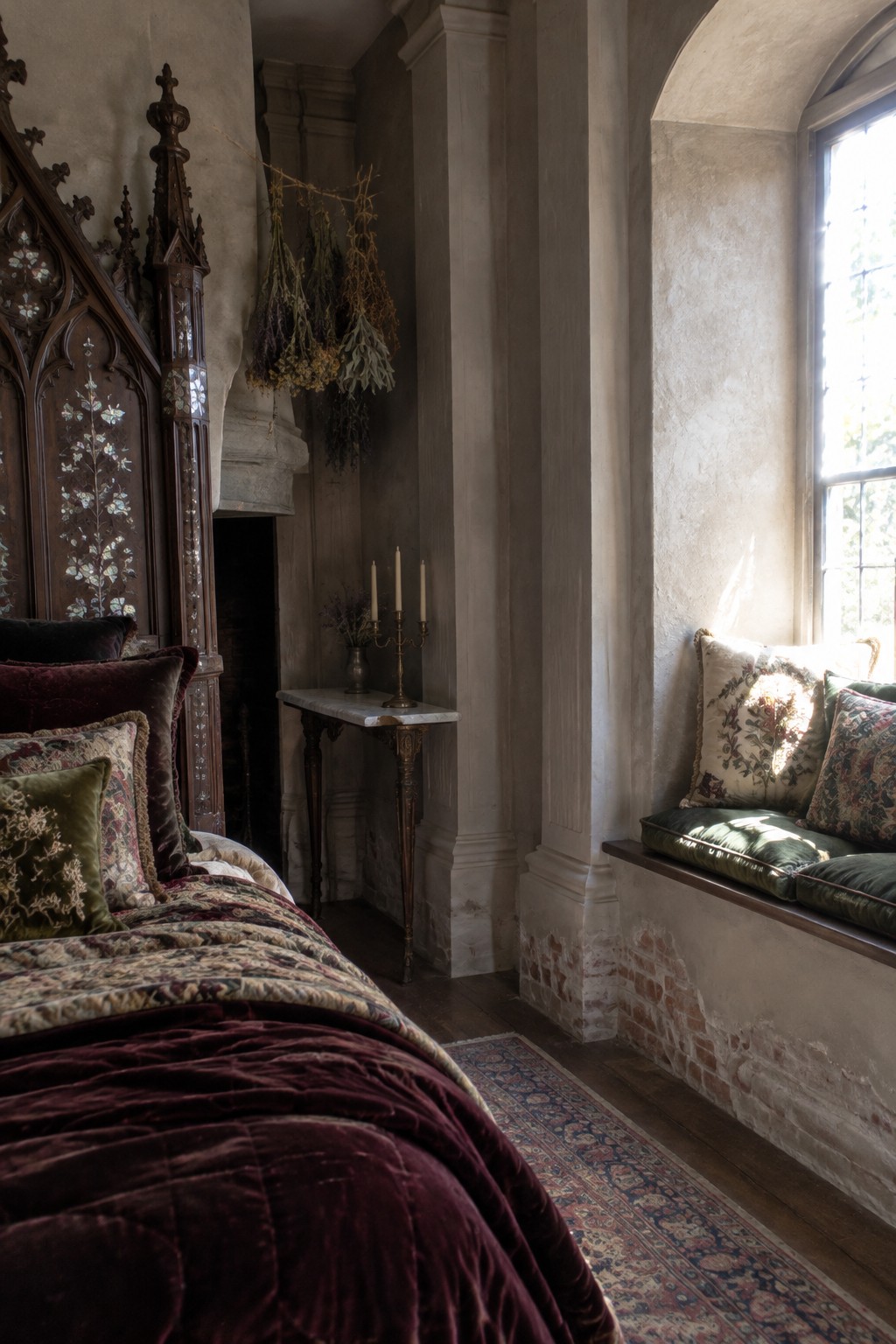An ornate carved wooden bed stands beside a cushioned window seat in a bedroom with pale stone walls.