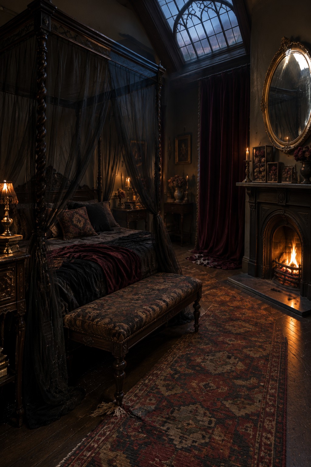 A dark four-poster bed with sheer black canopy curtains stands beside a fireplace in a dim bedroom.