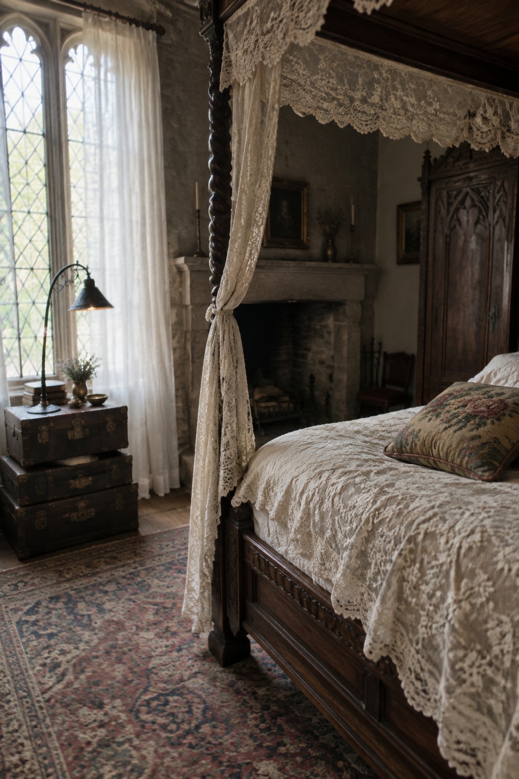 A carved dark wood four-poster bed with cream lace canopy drapes and bedding in a Gothic-style bedroom.