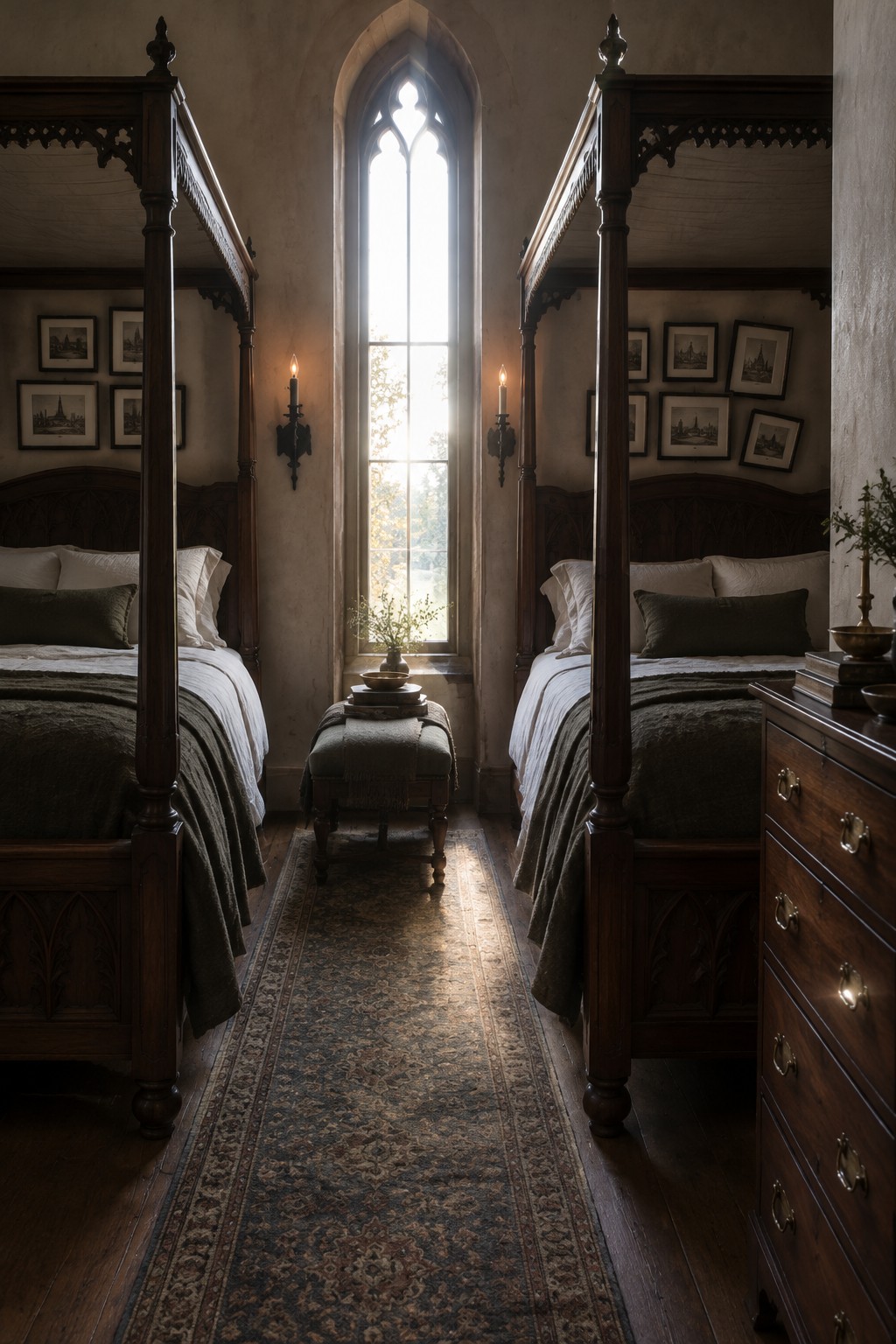 Two dark carved four-poster beds face each other across a narrow rug, with a tall Gothic window between them.