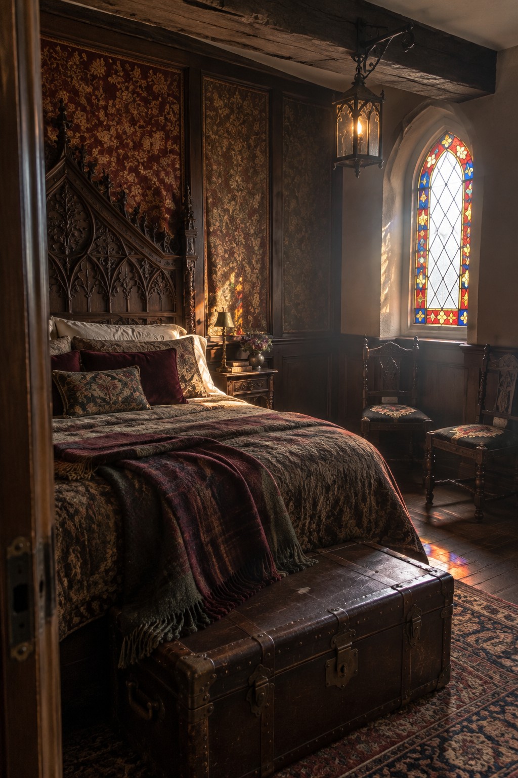 A carved wooden bed stands against dark floral wall panels beside a stained-glass window.