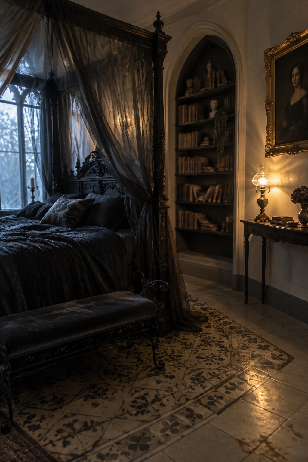 A dark carved four-poster bed with sheer black canopy drapes stands beside a tall window and an arched bookcase.