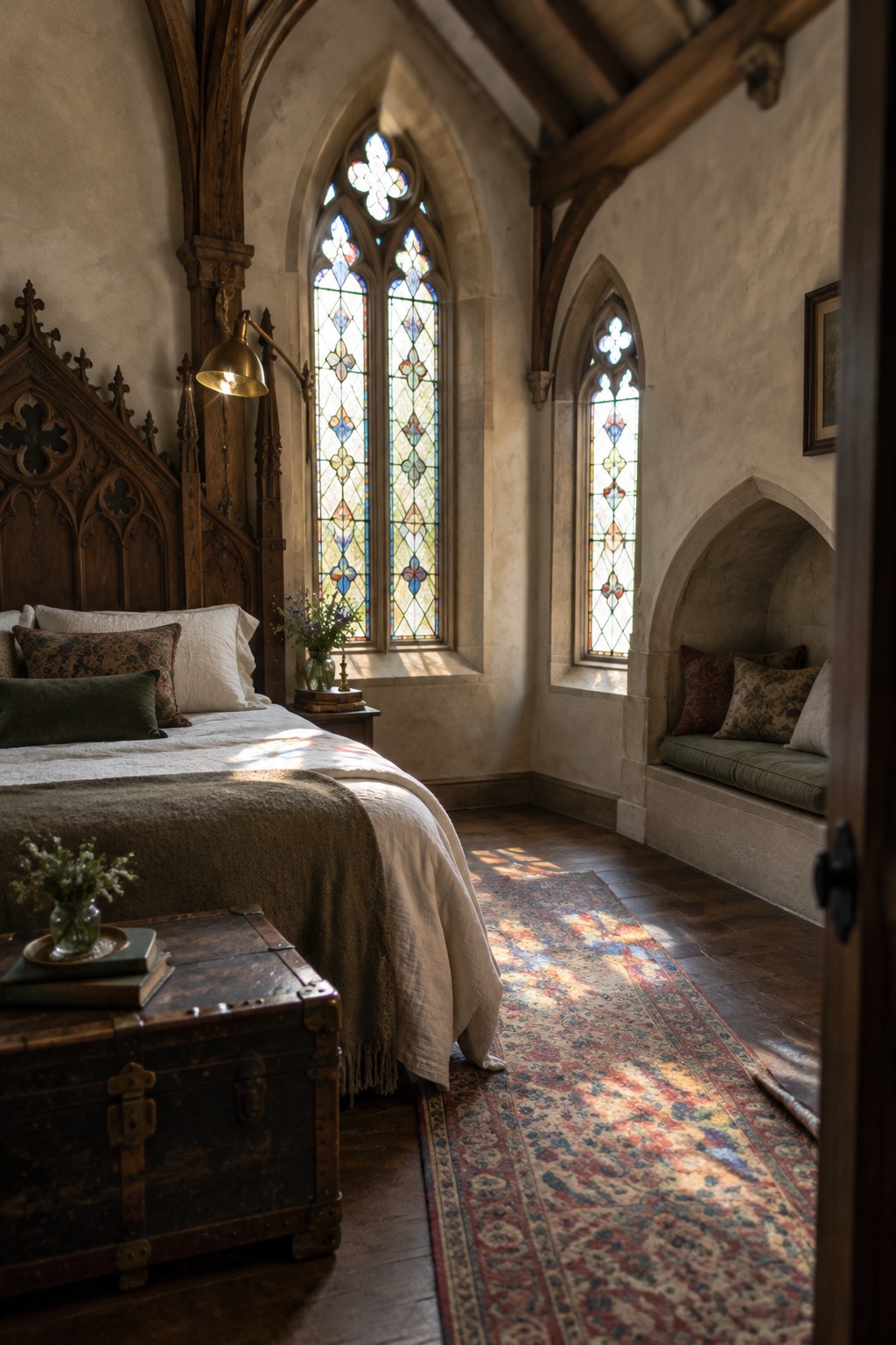 A bedroom with an ornate carved wooden bed, tall stained-glass windows, and a built-in stone window seat.