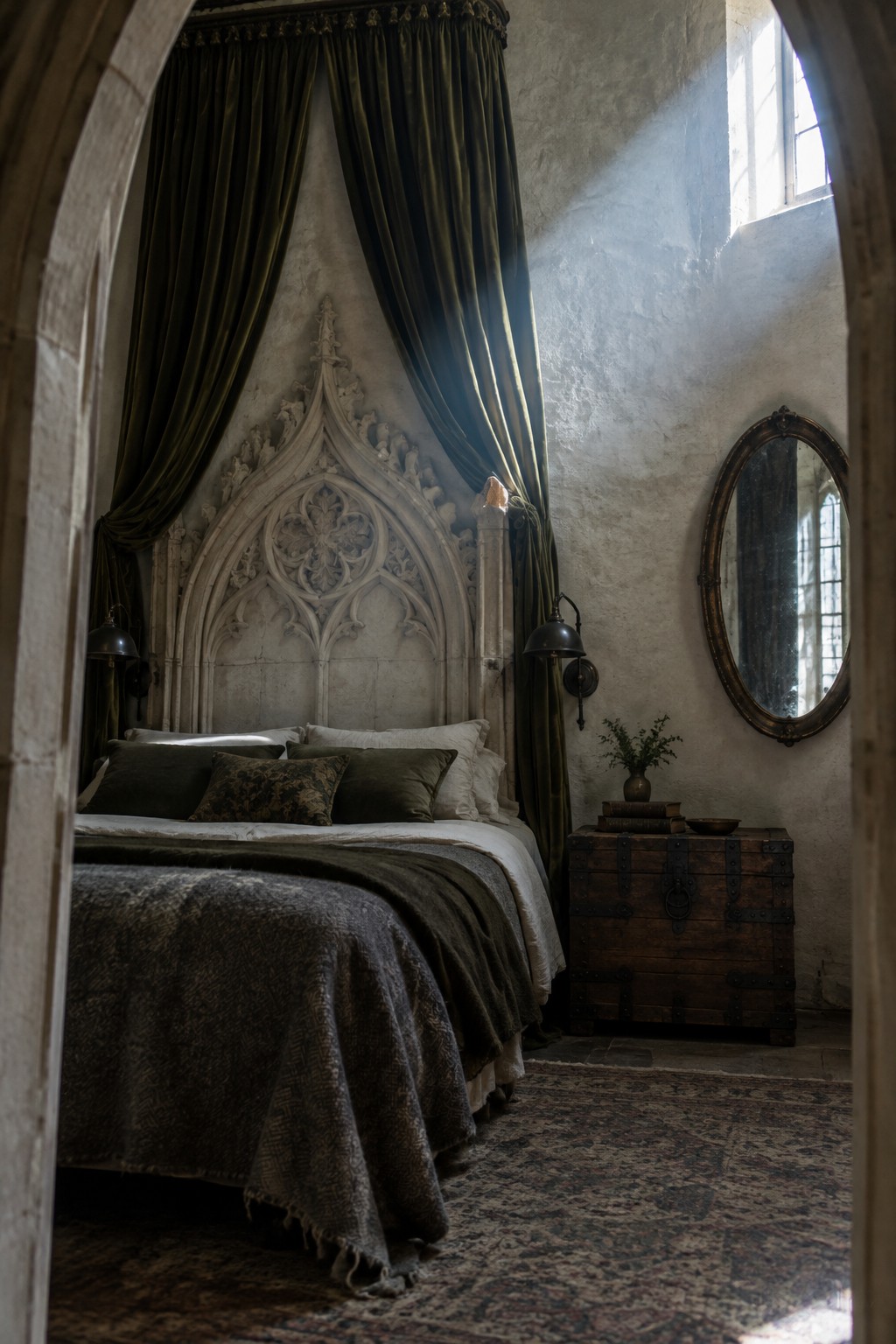 A carved stone headboard rises behind a bed with dark green curtains, layered bedding, and an antique chest.